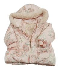 Světlerůžová květovaná šusťáková zimní bunda s kapucí Next