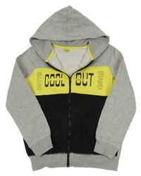 Šedo-žluto-černá propínací mikina s nápisem a kapucí Y.F.K.