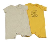 2x kraťasový overal - žlutý s myškou + béžový Lupilu