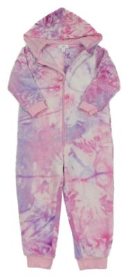 Růžovo-bílo-fialová vzorovaná chlupatá kombinéza s kapucí M&Co. 