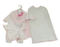 Nové - 7pack - Bílo-růžový overal + body + deka + bryndák + usínáček + ponožky + čepice 