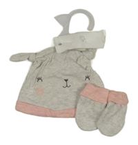 Nové - 2set - Šedo-růžová bavlněná čepice + rukavice F&F
