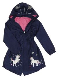 Tmavomodrá šusťáková jarní parka s jednorožci a kapucí Kiki&Koko