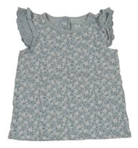 Modrošedé tričko s kytičkami a volánky C&A