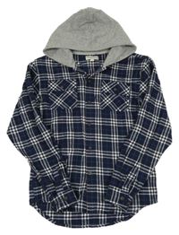 Tmavomodro-bílá kostkovaná flanelová košile s kapucí Kangaroo