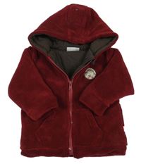 Červený chlupatý zateplený kabátek s medvídkem a kapucí 