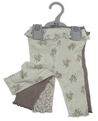 Nové - 3x - Bílé + fialovobéžové + světlerůžové žebrované legíny s kytičkami M&S