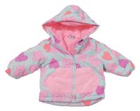 Světlemodro-růžová srdíčkovaná šusťáková zimní bunda s kapucí So Cute 