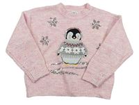 Růžový melírovaný svetr s tučňáčkem a vločkami z flitrů F&F