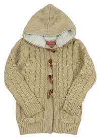 Světlebéžový vzorovaný pletený propínací svetr s kapucí YD
