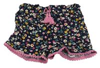 Tmavomodré kraťasy s kytičkami a krajkou PRIMARK