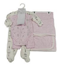 Nový - 4Set - Bílý overal se zajíčky + světlerůžové body + legíny + deka