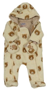 Smetanová huňatá zateplená kombinéza s medvídky a kapucí s oušky + rukavice Jojo Maman Bébé