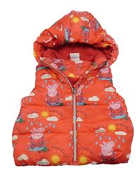 Červená prošívaná šusťáková zateplená vesta s Peppa Pig a kapucí