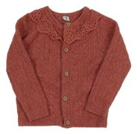 Rezavý melírovaný perforovaný vlněný propínací svetr s límečkem s madeirou Tu