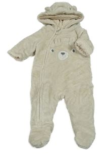 Světlebéžová plyšová zateplená kombinéza s medvídkem a kapucí s oušky C&A