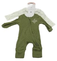 Nové - 2x - Žebrovaný overal - Khaki s nápisy, bílý se zvířátky PRIMARK