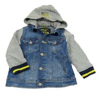 Modro-šedá riflovo/tepláková bunda ošoupaného vzhledu a nášivkou a odepínací kapucí ORIGINAL BRAND