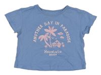 Modré crop tričko s palmami a nápisy in extenso