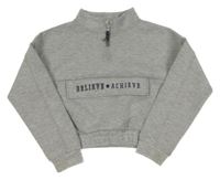 Šedá melírovaná tech fleece crop mikina s kapsou a nápisem PRIMARK
