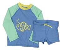 2Set - Modro-pistáciovo-žluté UV triko s rybičkou + nohavičkové plavky H&M