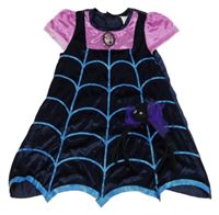 Kostým - 2Set - Tmavomodro-růžové sametovo/růžové šaty s broží - Vampirina Disney + čelenka s bavoukem 