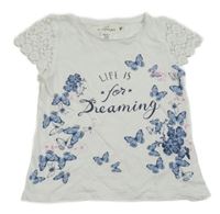 Bílé tričko s nápisy a motýlky a krajkovými květy H&M