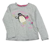 Šedé melírované triko s tučňákem a nápisy M&S