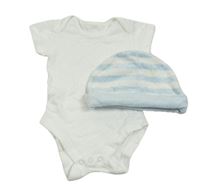 2set - Bílé body + světlemodro-bílá pruhovaná sametová čepice