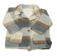 Nové - Šedo-hnědo-smetanová kostkovaná huňatá zateplená košilová bunda zn. F&F