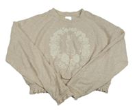 Béžová melírovaná úpletová crop mikina s květy a číslem s kamínky River Island