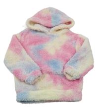 Růžovo-světlemodro-smetanová batikovaná chlupatá mikina s kapucí Shein