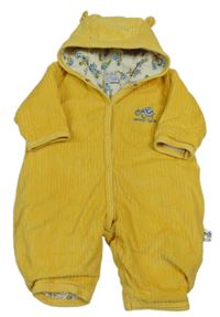 Hořčicová žebrovaná sametová zateplená kombinéza s želvou a kapucí