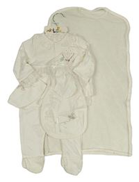 Nové - 5set - Bílé propínací triko s výšivkou a krajkou + polodupky + bavlněná čepice + rukavičky + slinták