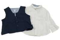 2set - Bílá pruhovaná košile + tmavomodrá vesta Obaibi