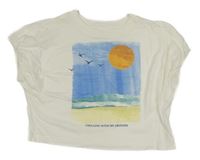 Smetanové oversize tričko s mořem a sluncem Zara