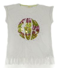 Bílé tričko s překlápěcími flitry a třásněmi Kids