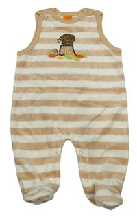 Béžovo-smetanové pruhované sametové dupačky s ježkem Pusblu