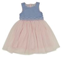 Modro-světlerůžové plátěno/tylové šaty s madeirou