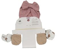 3set - Starorůžová vzorovaná turbanová čepice s mašlí + bílé rukavičky s medvědy + hnědé