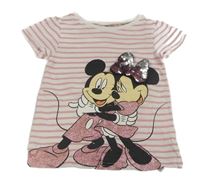 Růžovo-bílé pruhované tričko s Minnie a 3D flitrovou mašlí Next