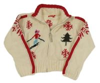 Smetanovo-červený crop propínací svetr se vzorem