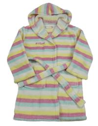 Bílo-barevný pruhovaný chlupatý župan s kapucí 