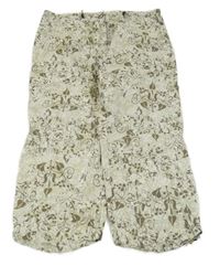 Mintovo-bílo-hnědé vzorované lehké capri kalhoty 