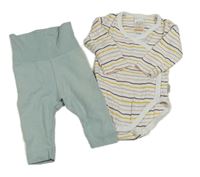 2set - Bílo-barevné pruhované zavinovací body + zelené lehké tepláky 