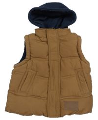 Hnědo-tmavomodrá šusťáková zateplená vesta s teplákovou kapucí Rebel