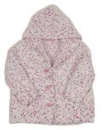 Bílo-růžový melírovaný propínací chlupatý kabátek s kapucí