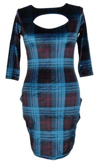 Dámské modro-červeno-černé kostkované sametové šaty s průstřihem Boohoo