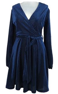 Dámské tmavomodré žebrované sametové šaty s páskem Amisu 