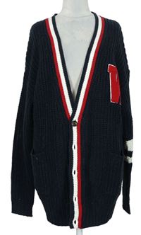 Pánský tmavomodrý oversized propínací svetr s pruhy TRN1961